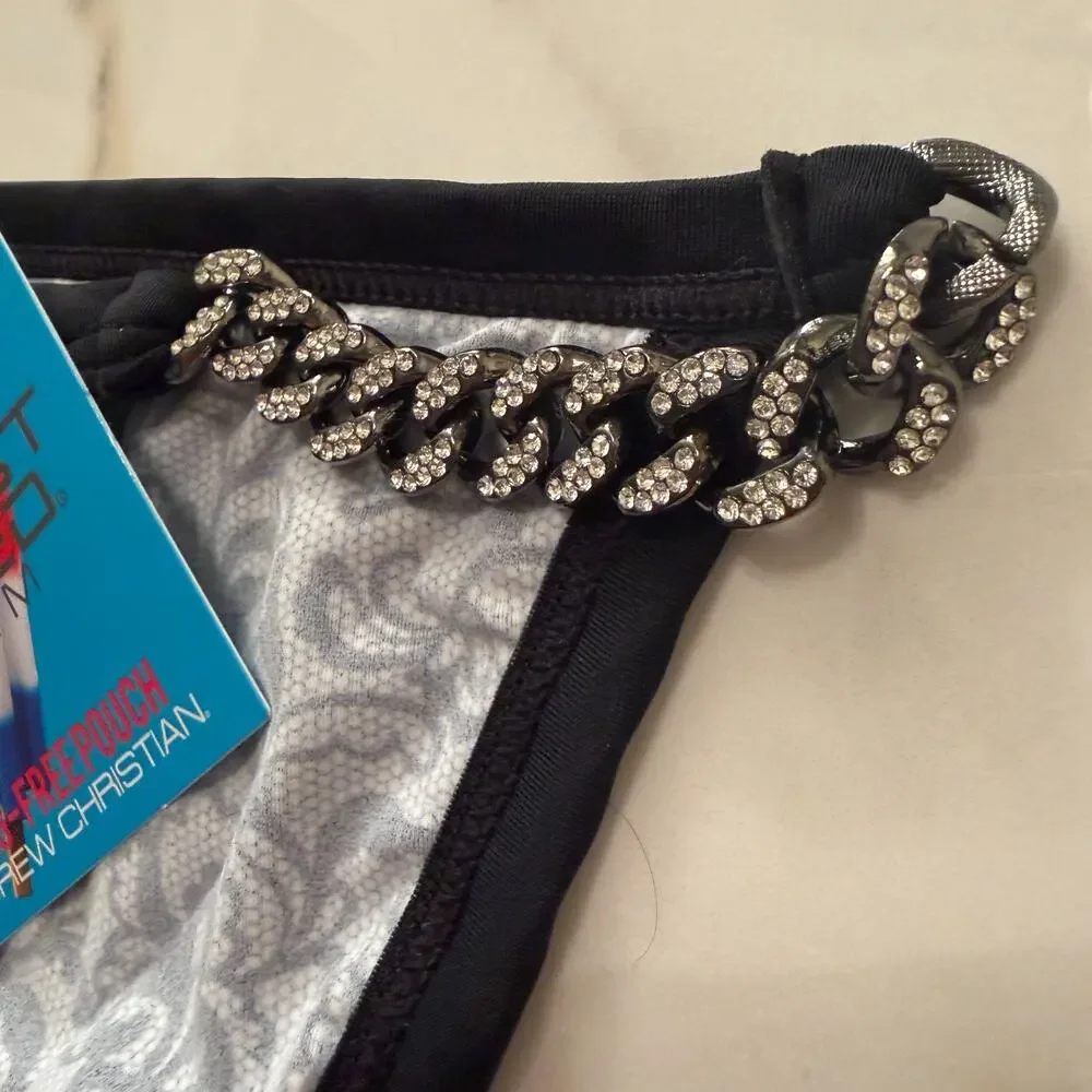 NEW Andrew Christian Chain Lace Bikini Swim Bikini Black White Size Large
